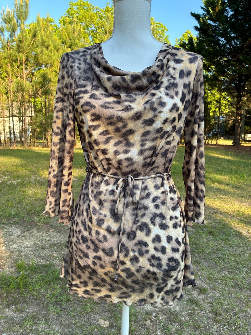 Vintage Y2K Fashion Bug Leopard Print Mesh Top Cowl Neck Bell Sleeve Size 6